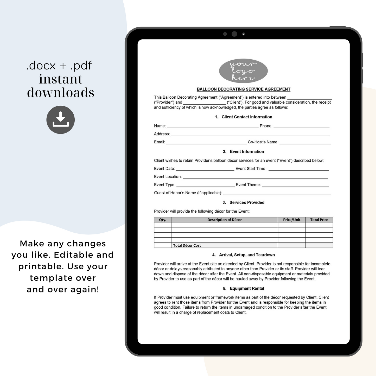 Balloon Decorating Contract, Attorney-Written Editable Instant Download