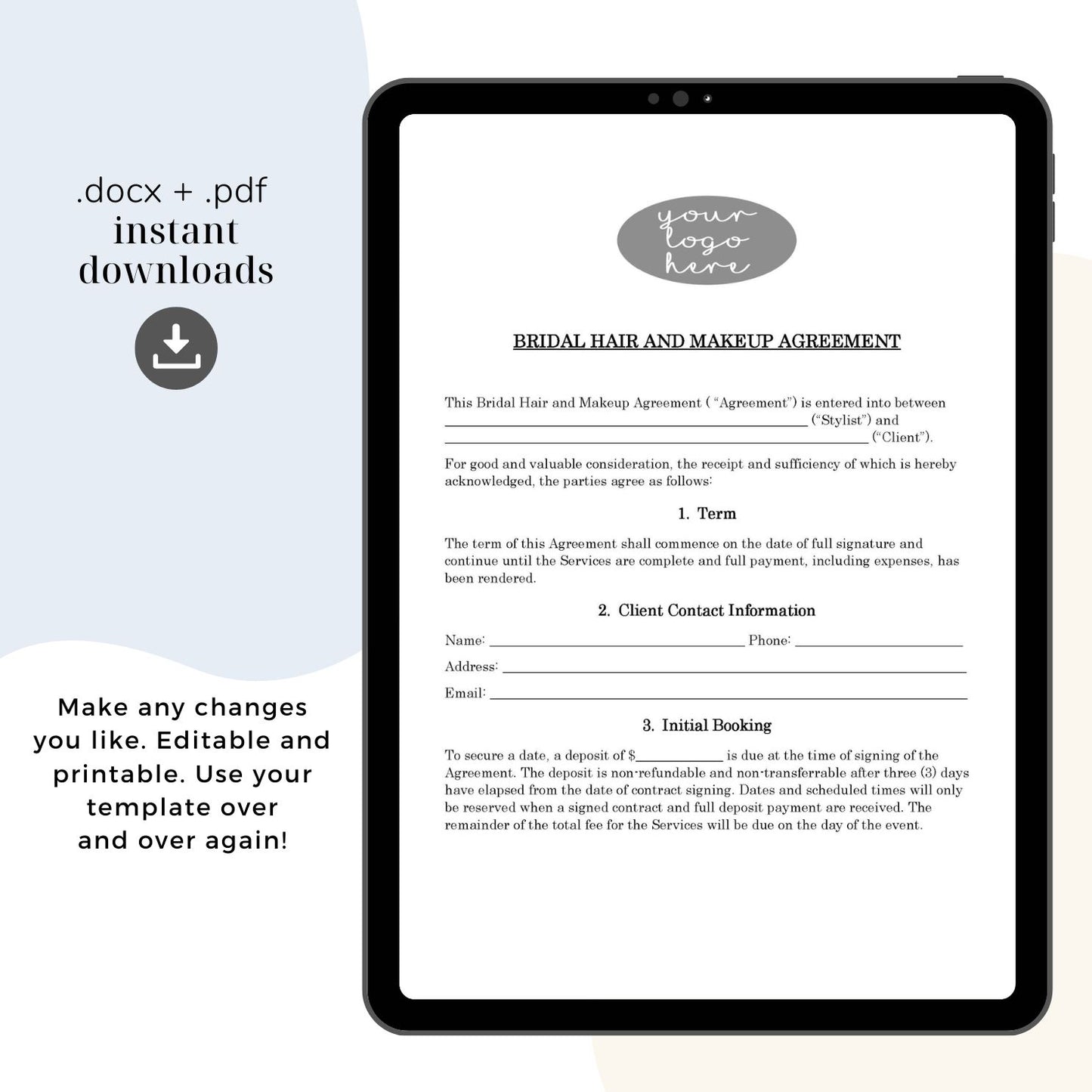 Bridal Hair and Makeup Contract Template, Attorney-Written & Editable Instant Download