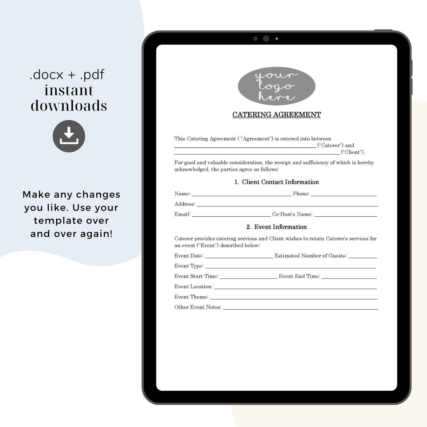 Catering Service Contract Template, Attorney-Written & Editable Instant Download