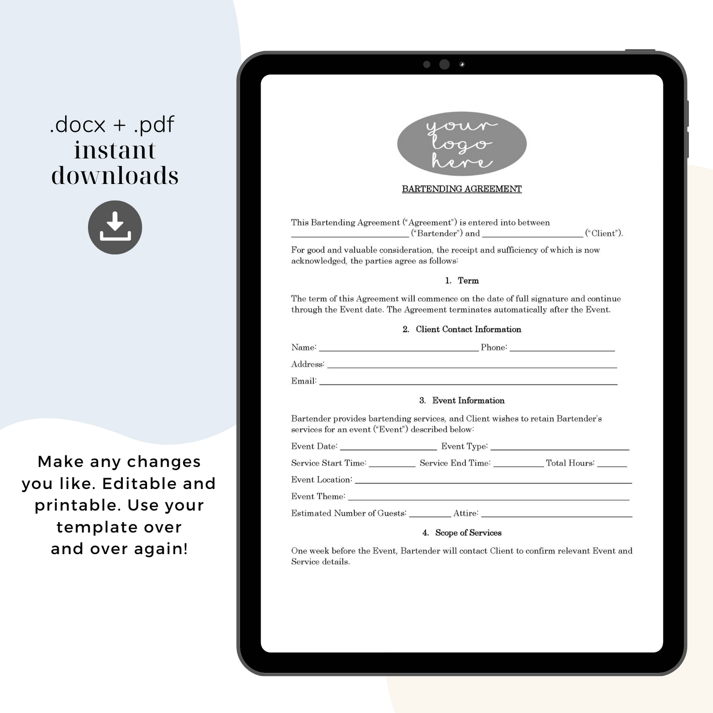 Event Bartending Contract, Attorney-Written Editable Instant Download