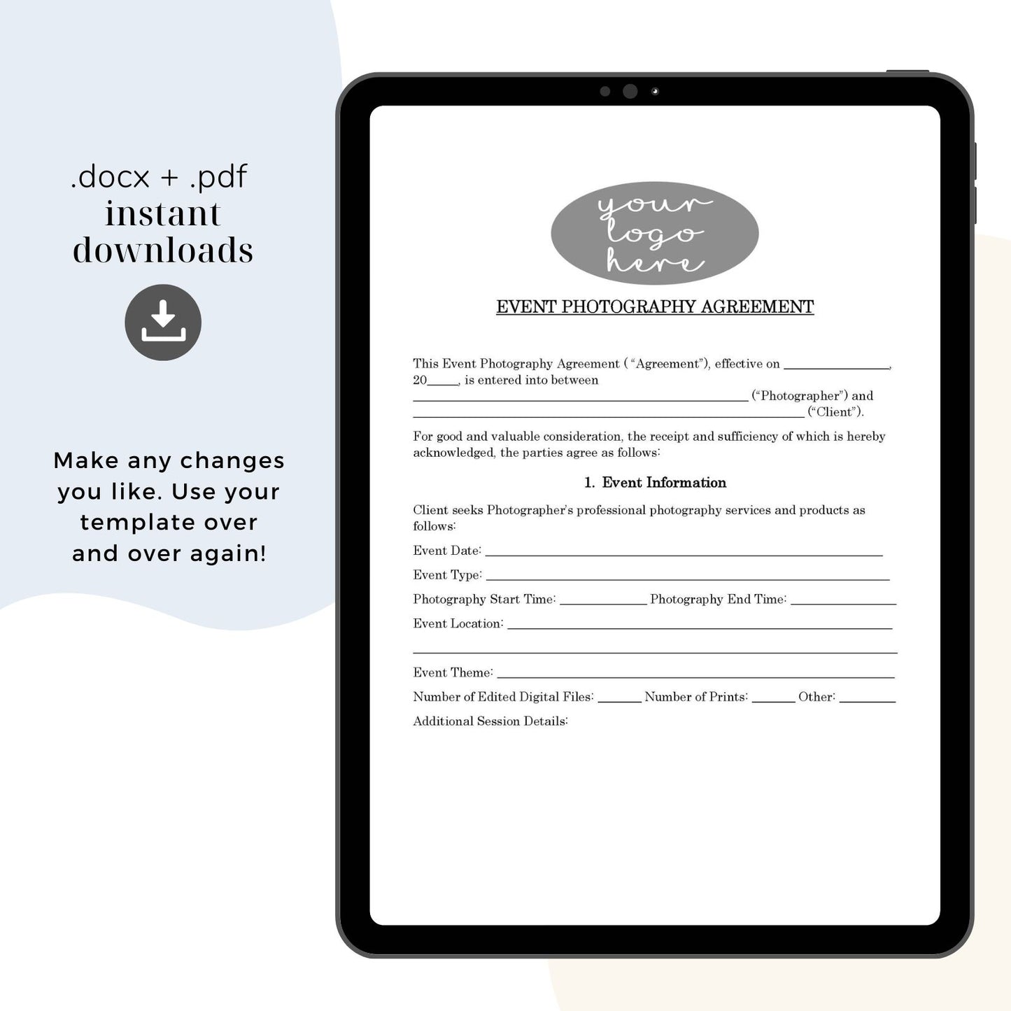 Event Photography Contract Template, Attorney-Written & Editable Instant Download