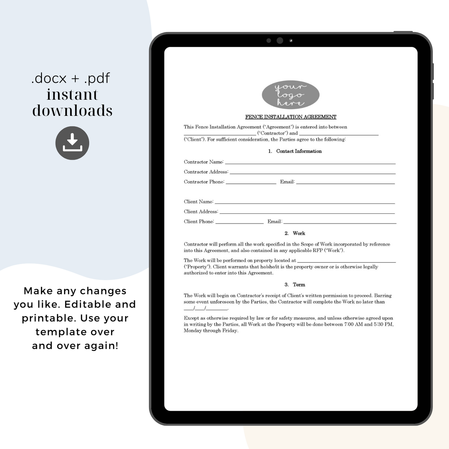 Fence Installation Contract, Attorney-Written Editable Instant Download