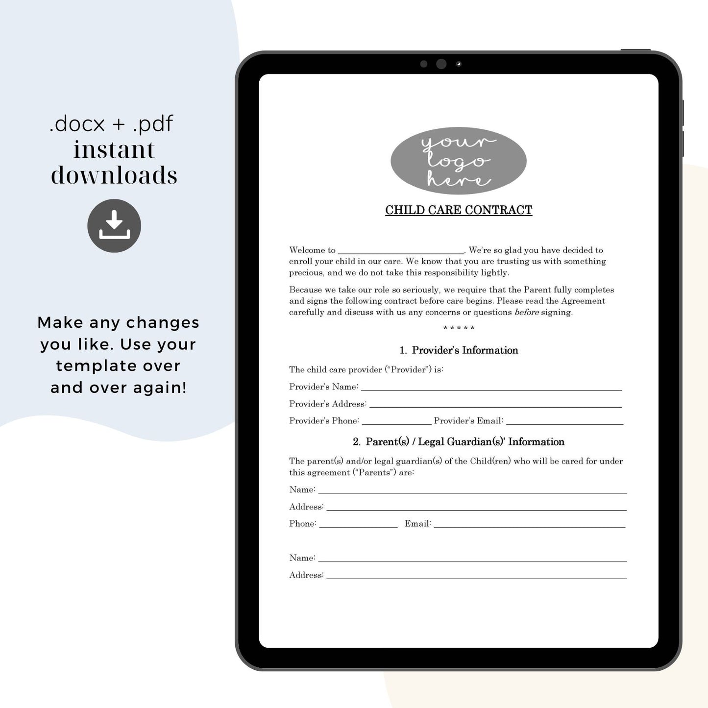 Home Daycare Contract Template, Attorney-Written & Editable Instant Download