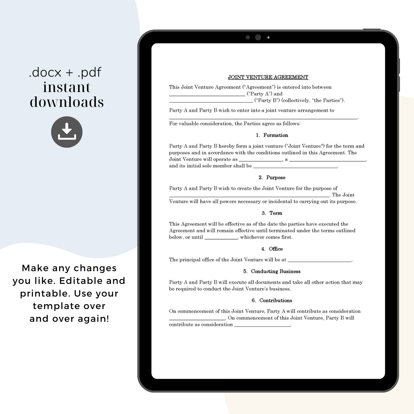 Joint Venture Agreement Template, Attorney-Written Editable Instant Download