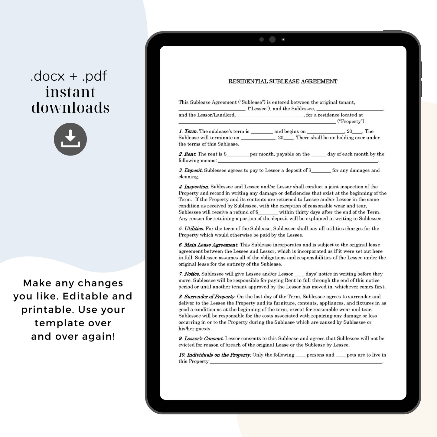 Sublease Agreement Template, Attorney-Written Editable Instant Download