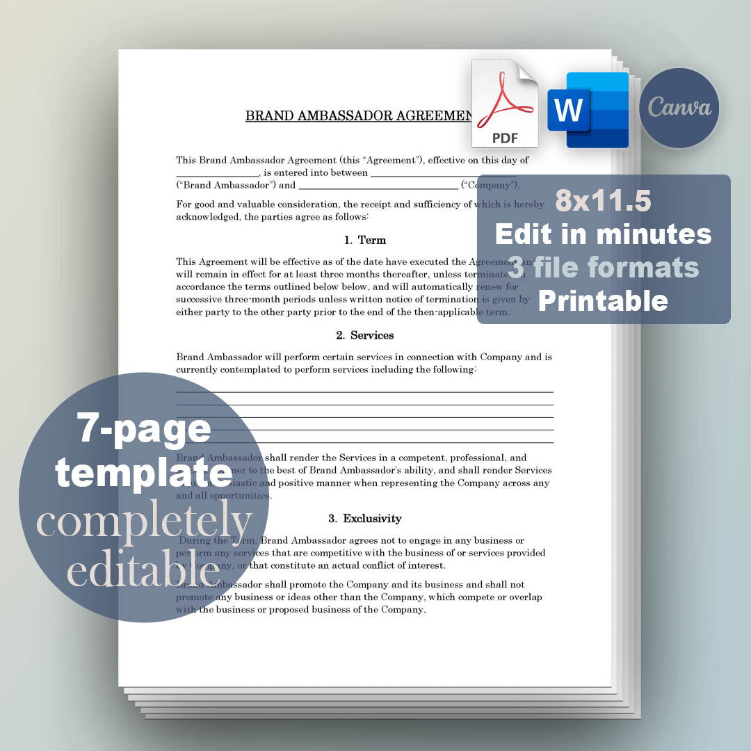 Brand Ambassador Contract Template, Attorney-Written & Editable Instant Download