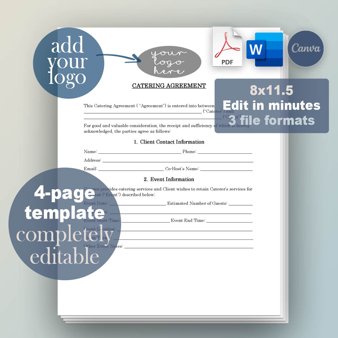 Catering Service Contract Template, Attorney-Written & Editable Instant Download