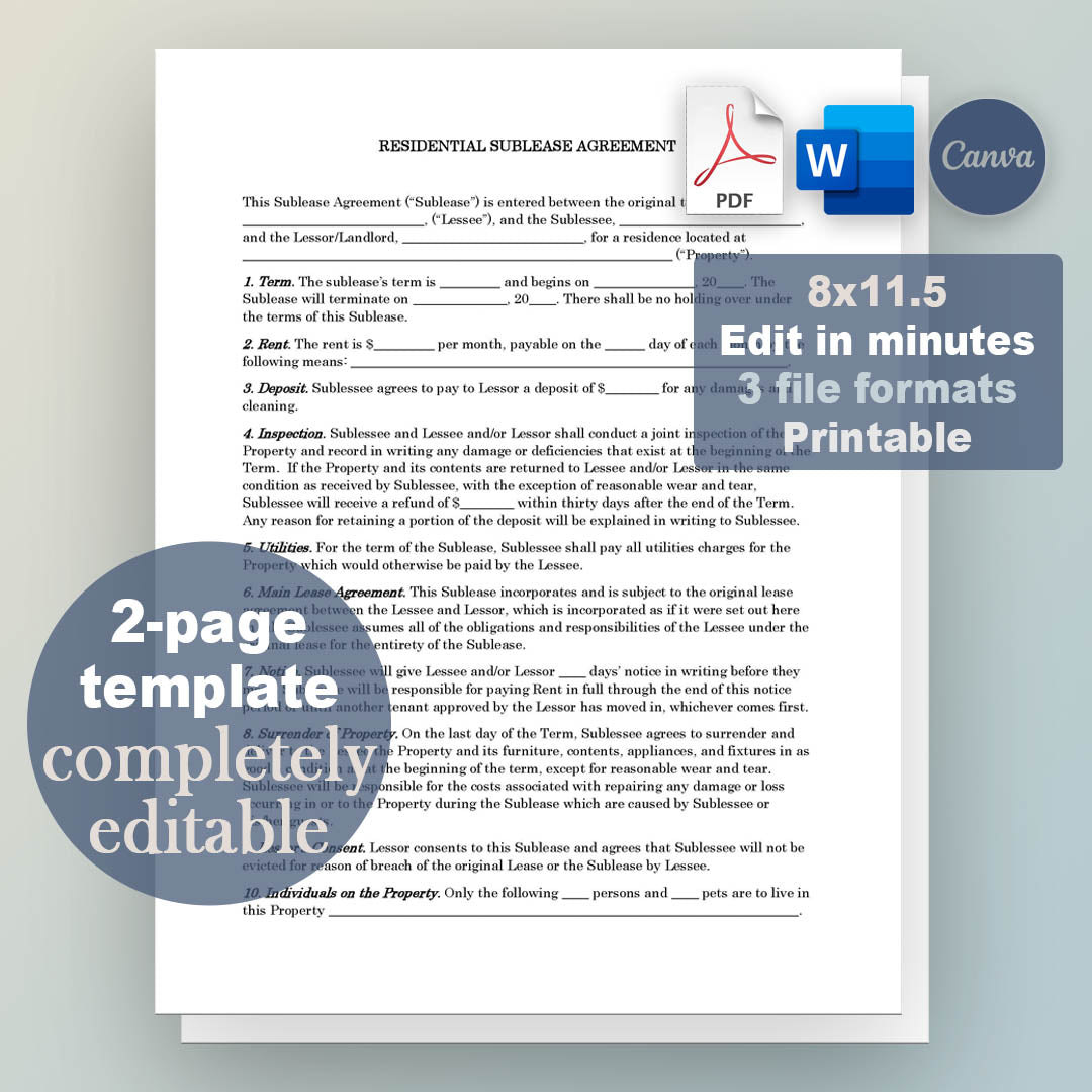 Sublease Agreement Template, Attorney-Written Editable Instant Download