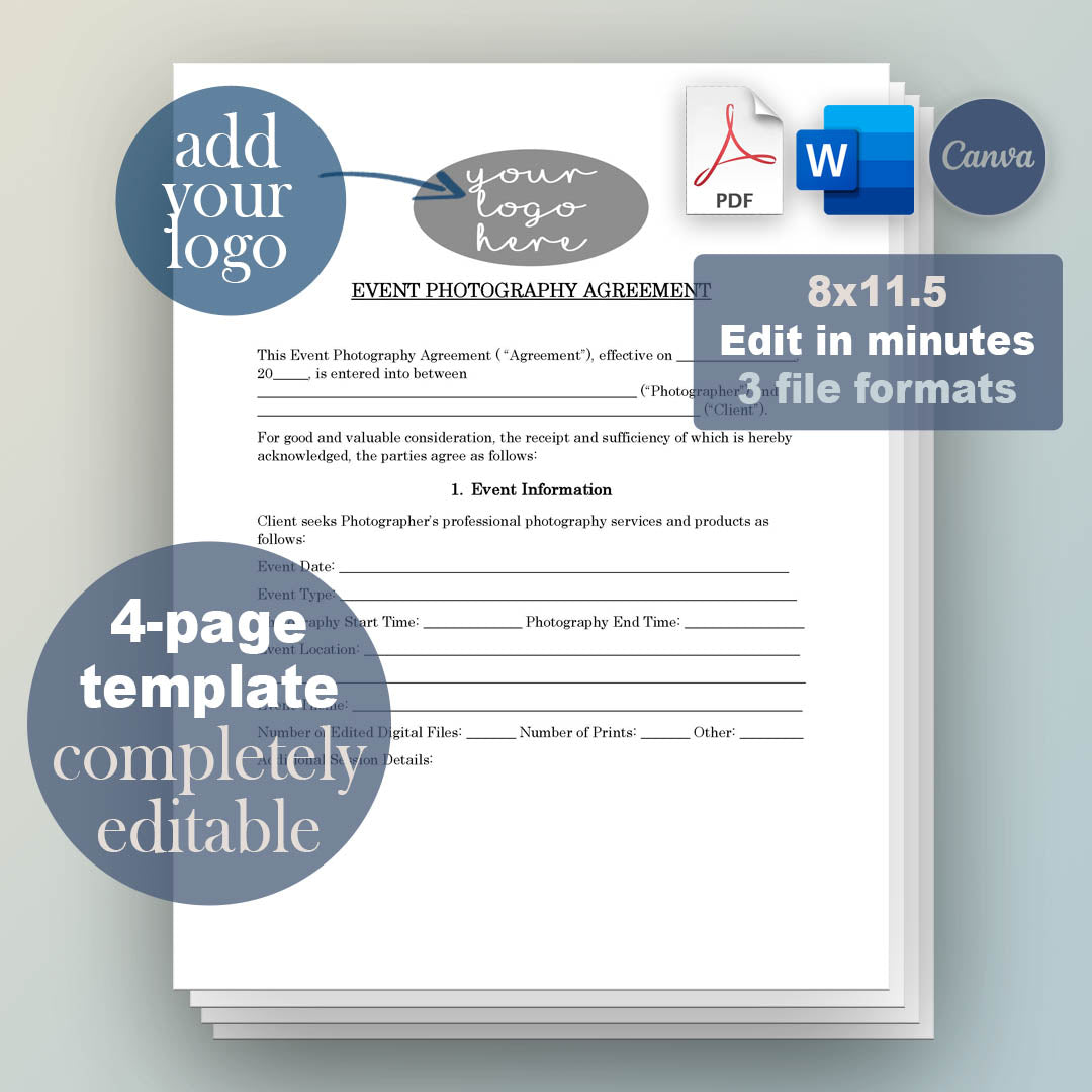 Event Photography Contract Template, Attorney-Written & Editable Instant Download