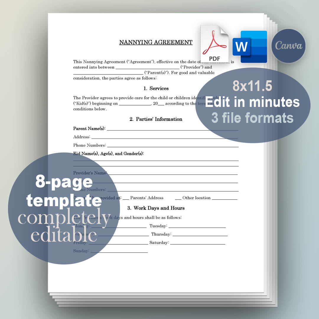 Nanny Contract Template, Attorney-Written & Editable Instant Download