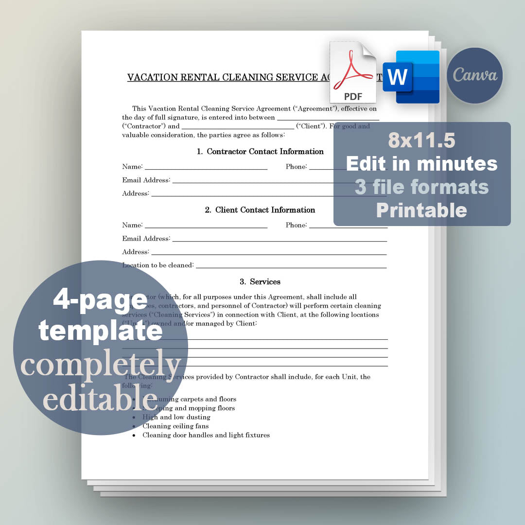 Vacation Rental Cleaning Services Contract Template, Attorney-Written & Editable