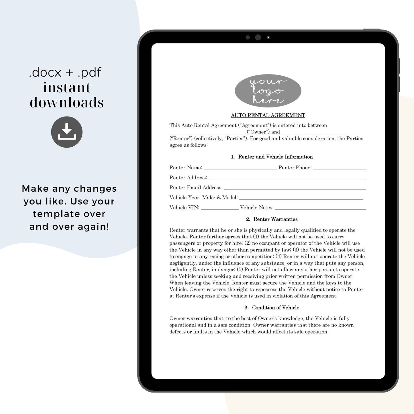 Car Rental Contract Template, Attorney-Written & Editable Instant Download