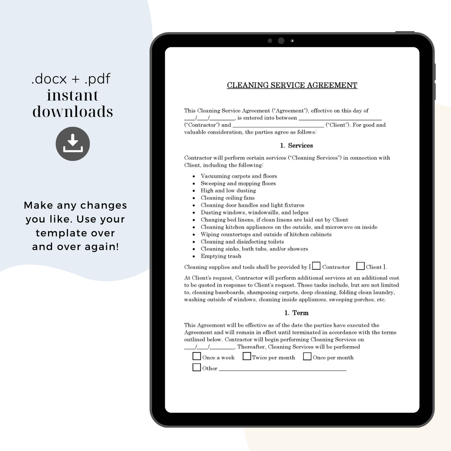 Cleaning Services Contract Template, Attorney-Written & Editable Instant Download