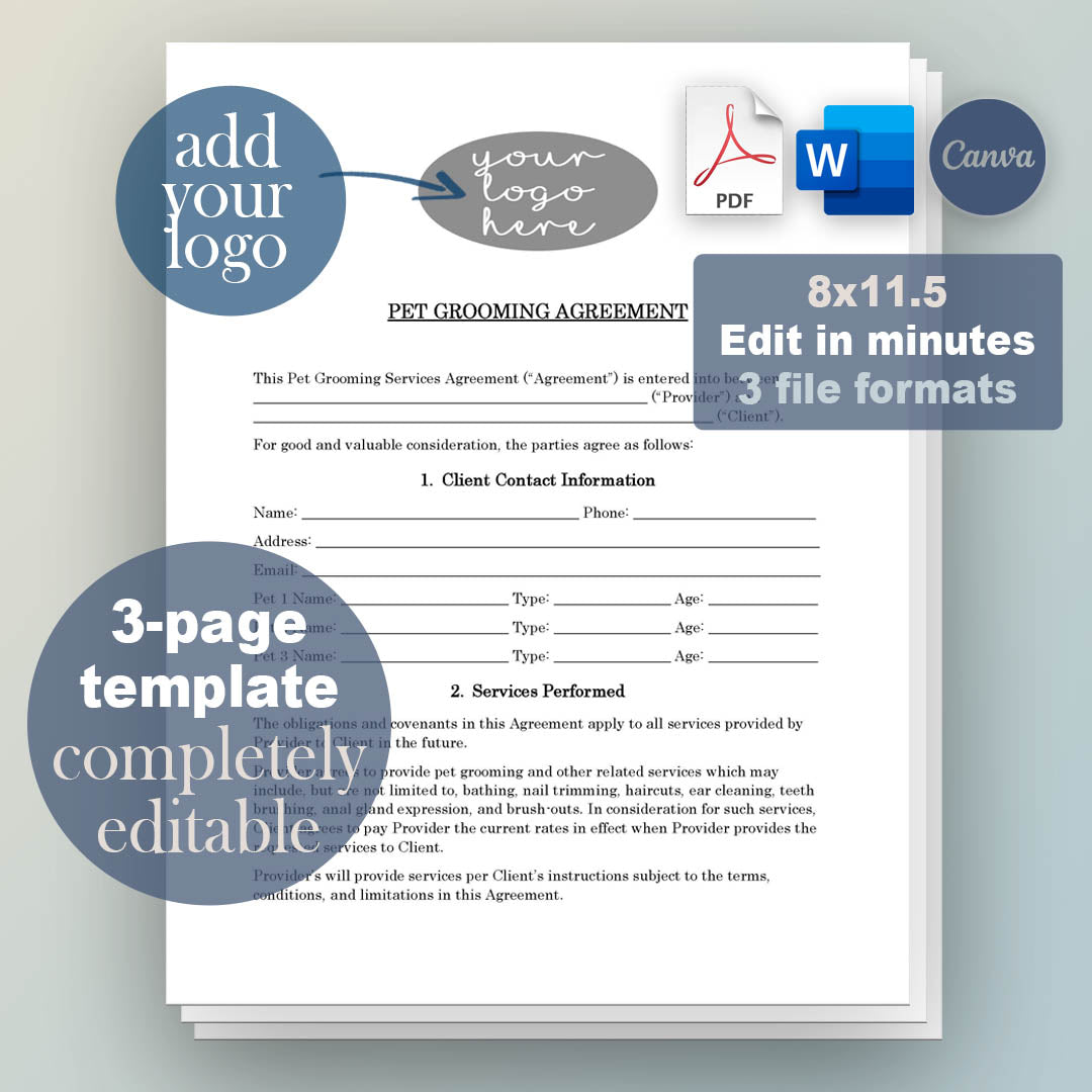 Dog Grooming Contract Template, Attorney-Written & Editable Instant Download