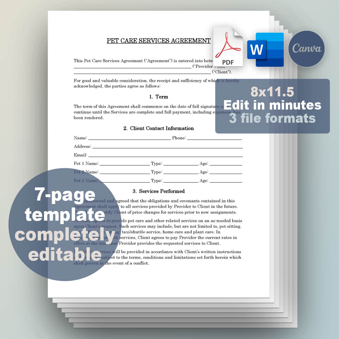 Pet Sitting Contract Template, Attorney-Written & Editable Instant Download