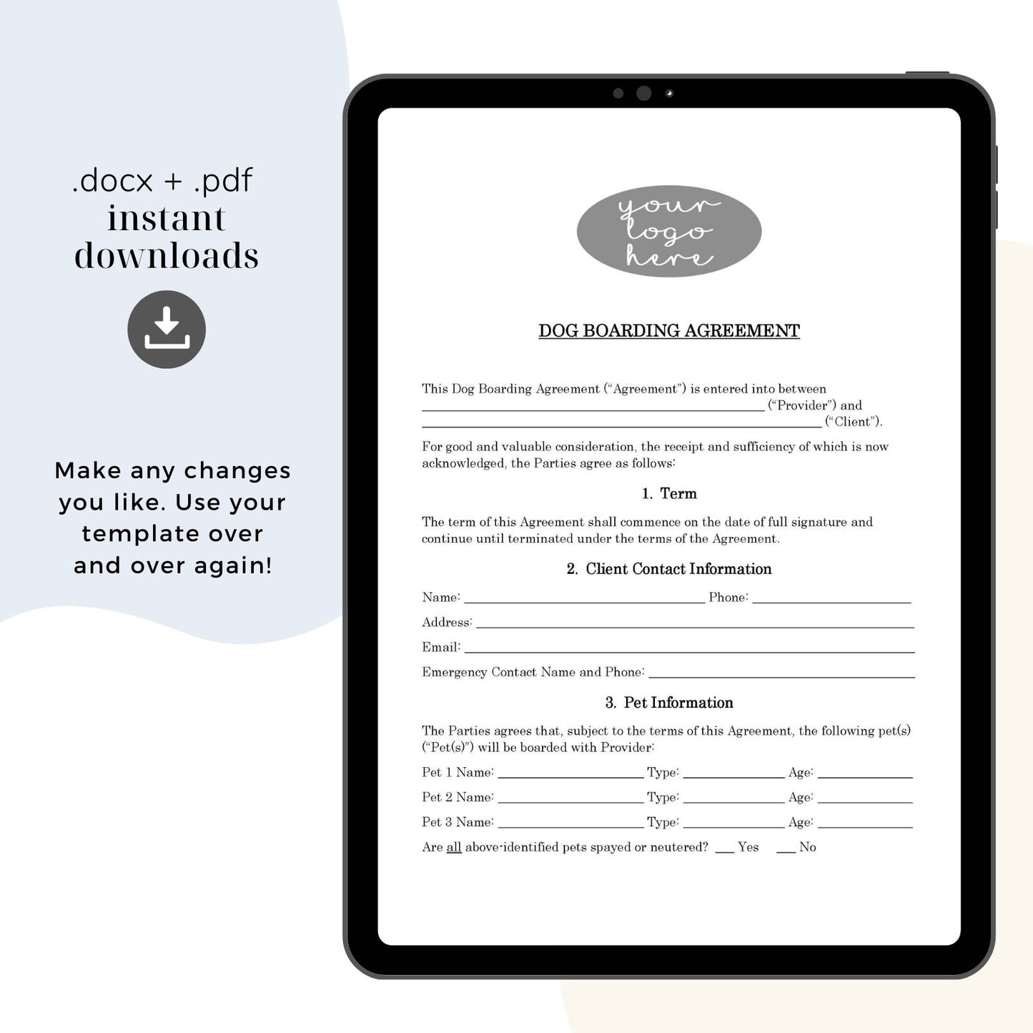 Dog Boarding Contract Template, Attorney-Written & Editable Instant Download