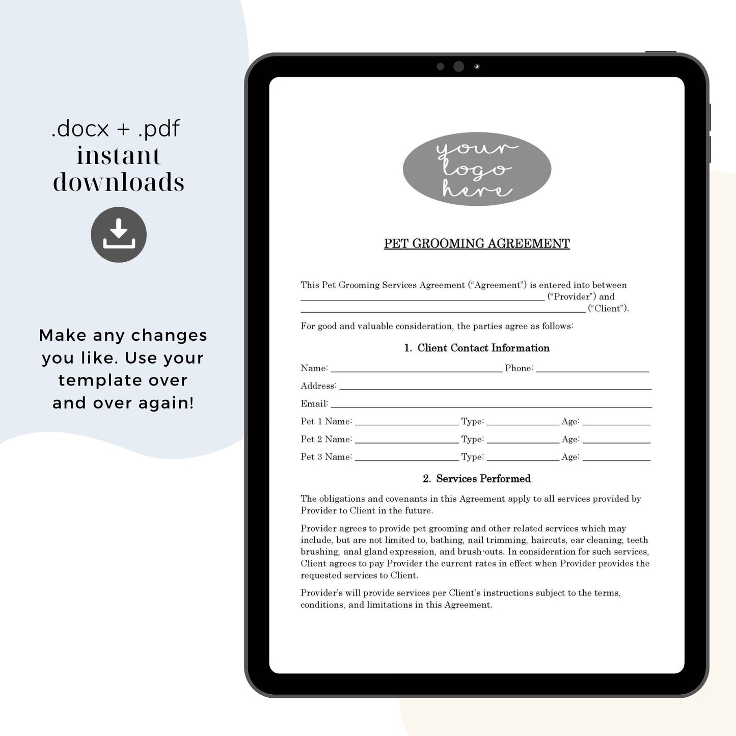 Dog Grooming Contract Template, Attorney-Written & Editable Instant Download