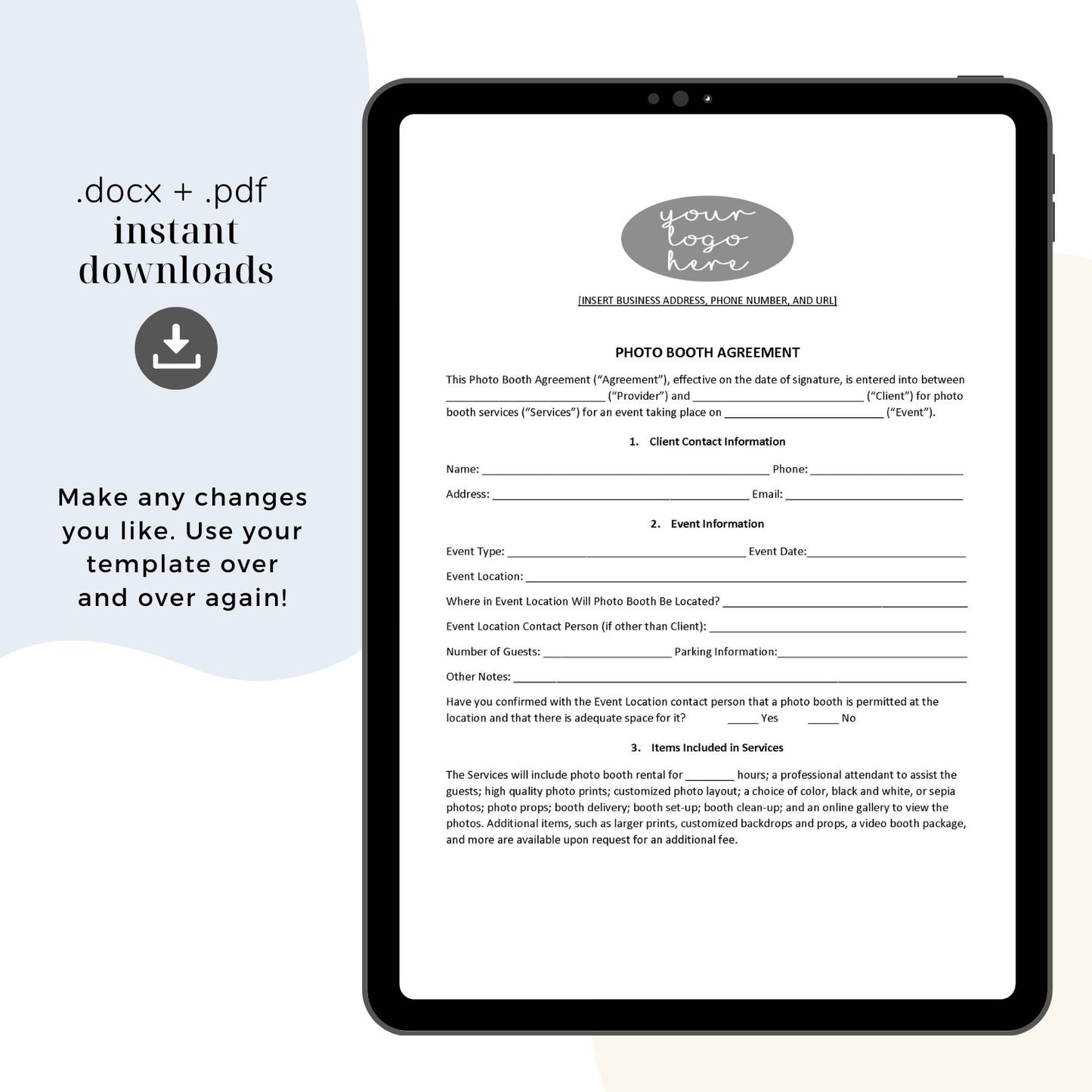 Photo Booth Contract Template, Attorney-Written & Editable Instant Download