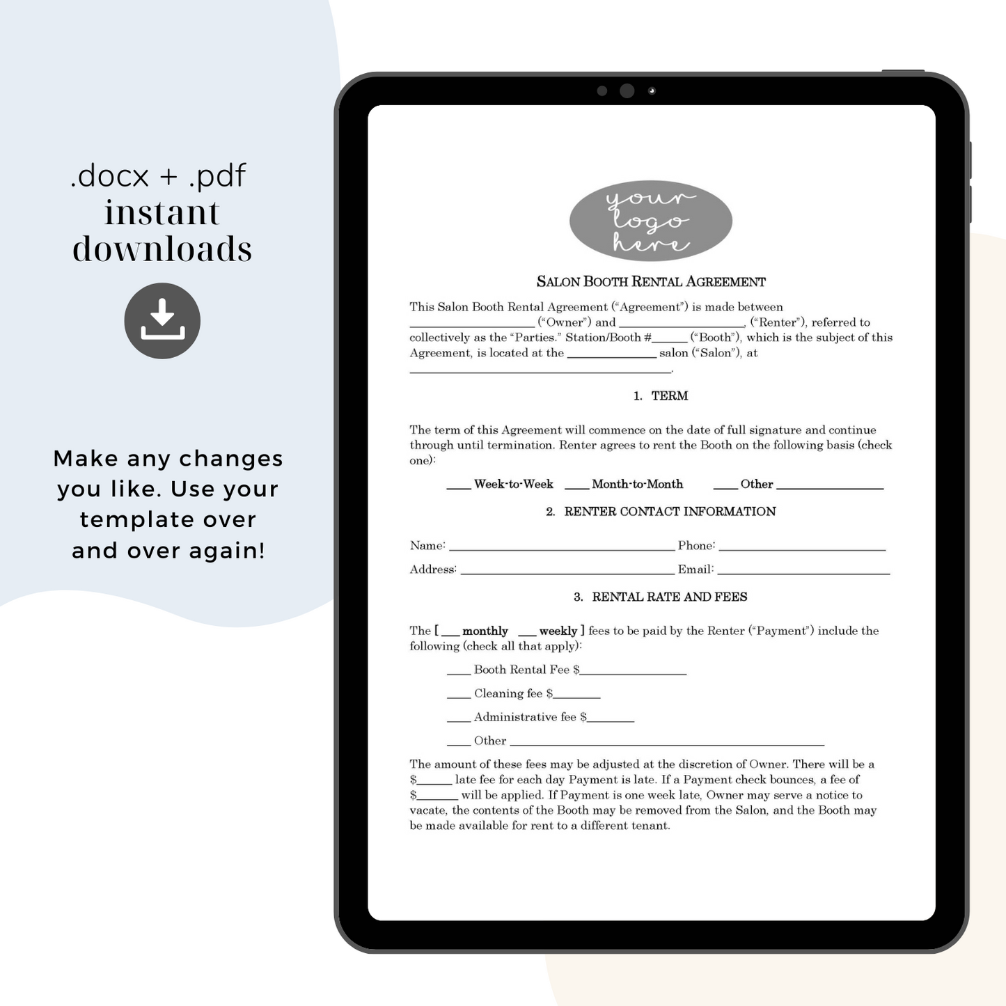 Salon Booth Rental Contract Template, Attorney-Written & Editable Instant Download