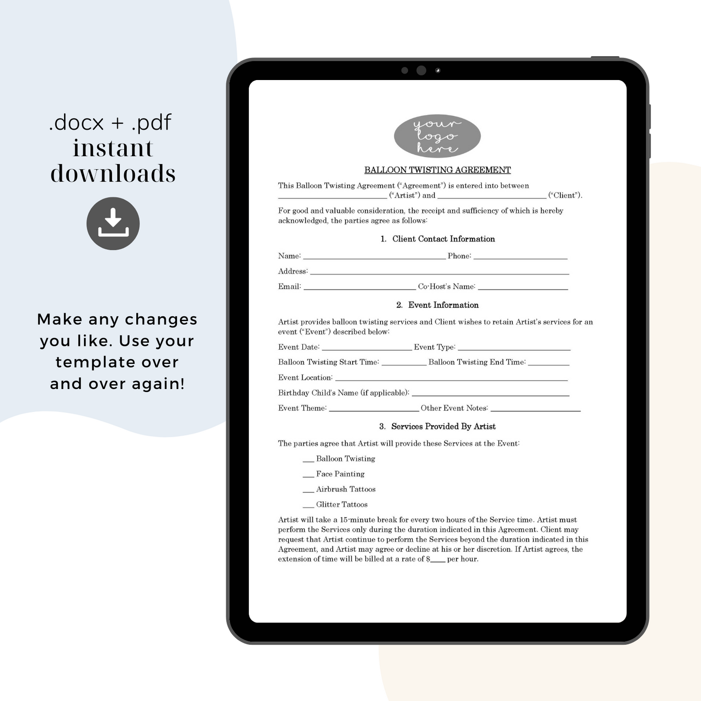 Balloon Twisting / Face Painting Contract Template, Attorney-Written & Editable Instant Download